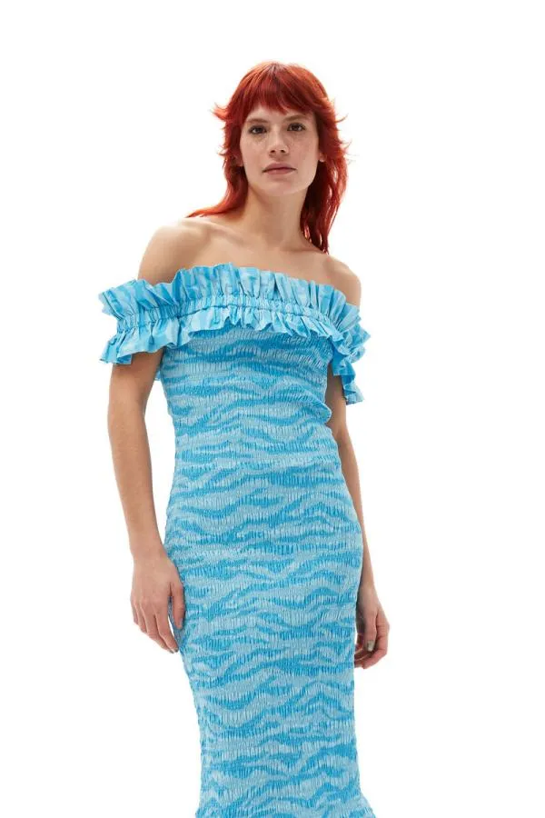 Clothing GANNI Dresses Printed Cotton Offshoulder Smock Midi Dress Ethereal Blue Clothing GANNI Dresses Printed Cotton Offshoulder Smock Midi Dress Ethereal Blue