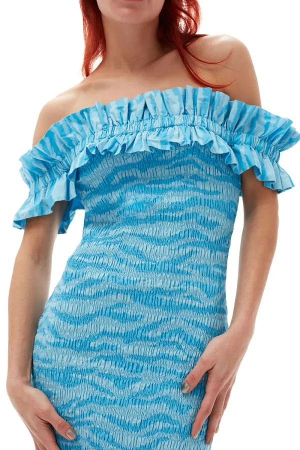 Clothing GANNI Dresses Printed Cotton Offshoulder Smock Midi Dress Ethereal Blue Clothing GANNI Dresses Printed Cotton Offshoulder Smock Midi Dress Ethereal Blue