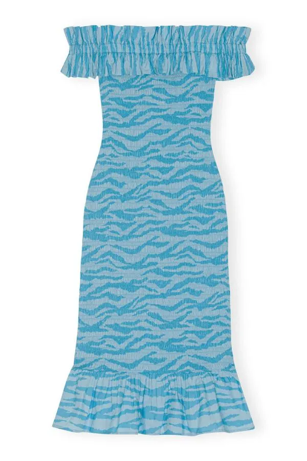 Clothing GANNI Dresses Printed Cotton Offshoulder Smock Midi Dress Ethereal Blue Clothing GANNI Dresses Printed Cotton Offshoulder Smock Midi Dress Ethereal Blue