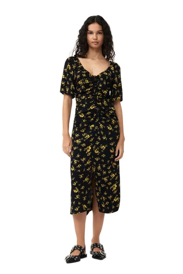 Clothing GANNI Dresses Printed Crepe Uneck Midi Dress Black