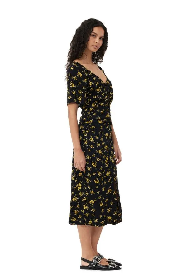 Clothing GANNI Dresses Printed Crepe Uneck Midi Dress Black