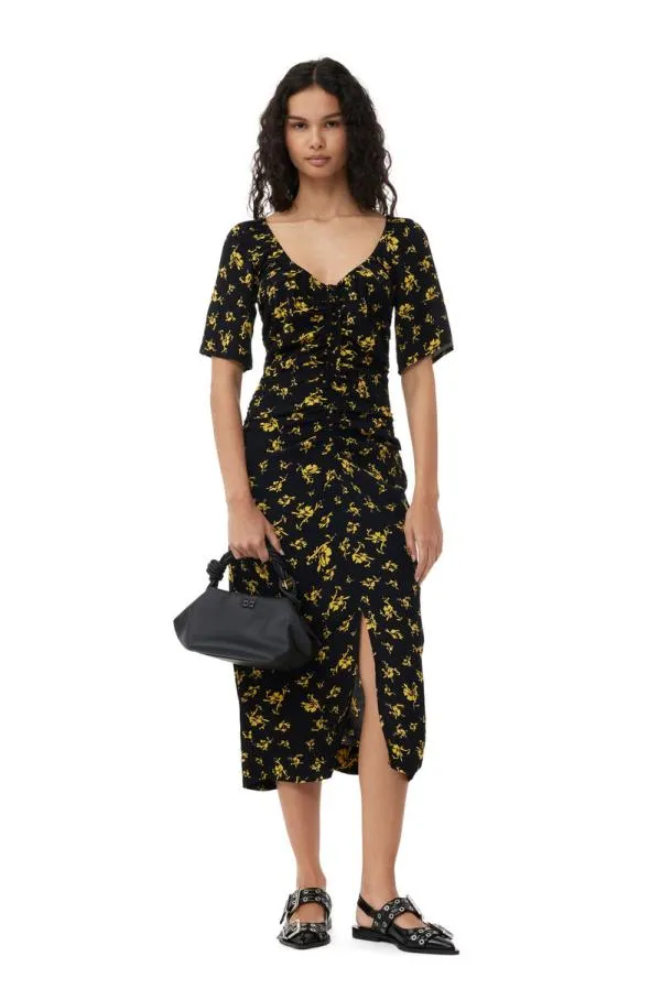 Clothing GANNI Dresses Printed Crepe Uneck Midi Dress Black