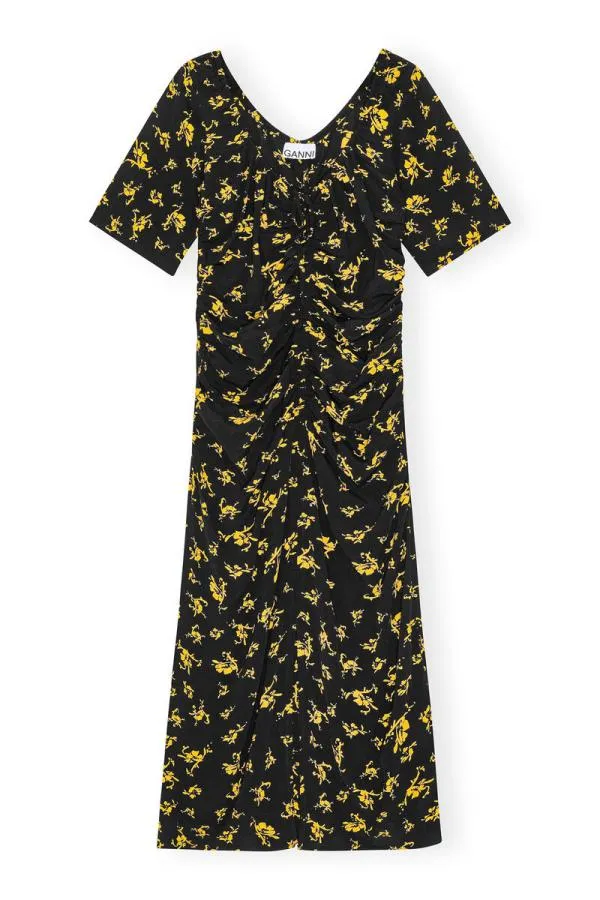 Clothing GANNI Dresses Printed Crepe Uneck Midi Dress Black