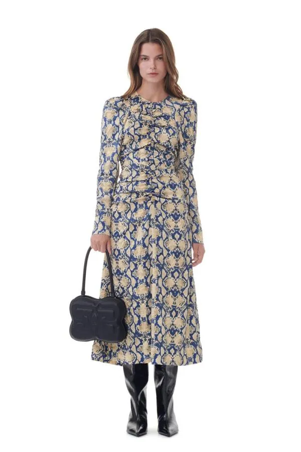 Clothing GANNI Dresses Snake Printed Crinkled Satin ONeck Midi Dress Safari