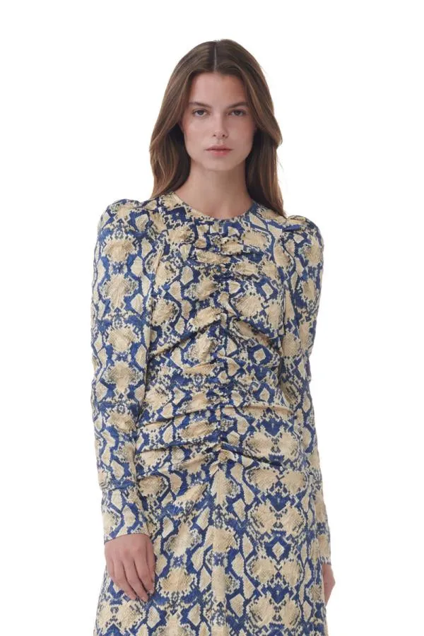 Clothing GANNI Dresses Snake Printed Crinkled Satin ONeck Midi Dress Safari Clothing GANNI Dresses Snake Printed Crinkled Satin ONeck Midi Dress Safari