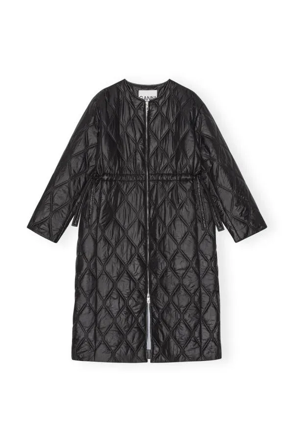 Clothing GANNI Extended Sizes Black Shiny Quilt Long Coat Black Clothing GANNI Extended Sizes Black Shiny Quilt Long Coat Black