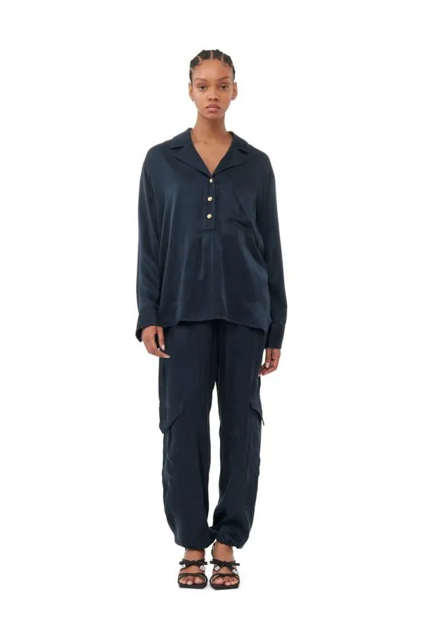 Clothing GANNI Extended Sizes Blue Washed Twill Satin Oversize Shirt Sky Captain