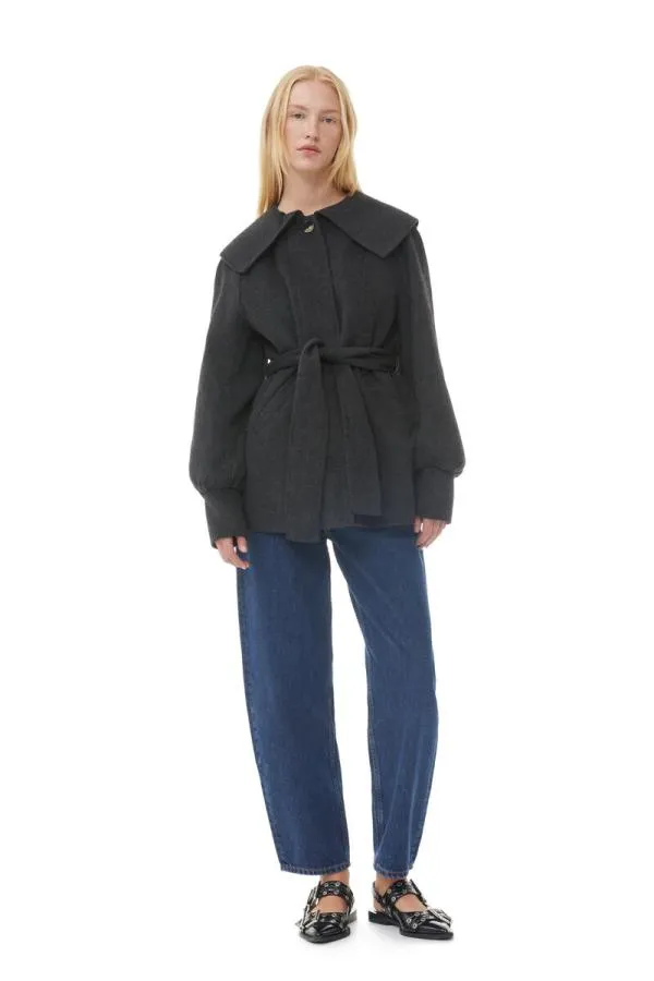 Clothing GANNI Extended Sizes Grey Wool Collar Jacket Phantom Clothing GANNI Extended Sizes Grey Wool Collar Jacket Phantom