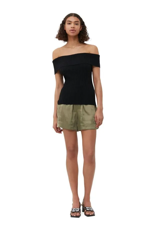 Clothing GANNI Extended Sizes Melange Knit Off Shoulder Top Black