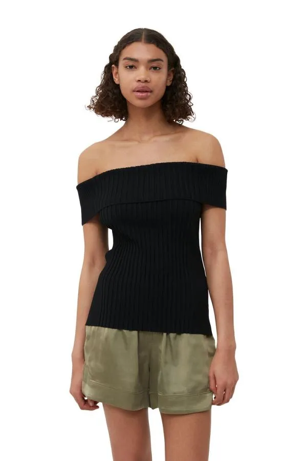 Clothing GANNI Extended Sizes Melange Knit Off Shoulder Top Black Clothing GANNI Extended Sizes Melange Knit Off Shoulder Top Black