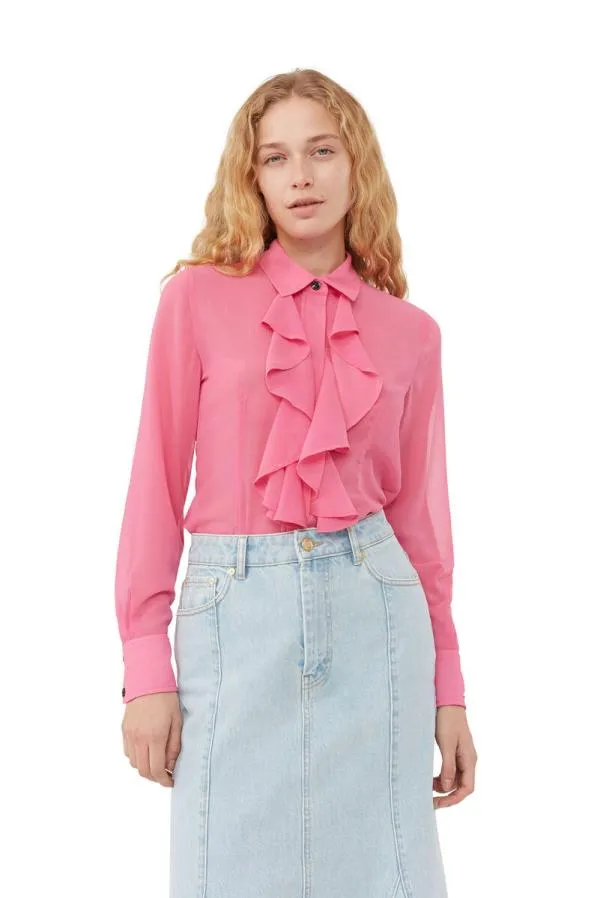 Clothing GANNI Extended Sizes Pink Chiffon Ruffle Shirt Cone Flower Clothing GANNI Extended Sizes Pink Chiffon Ruffle Shirt Cone Flower