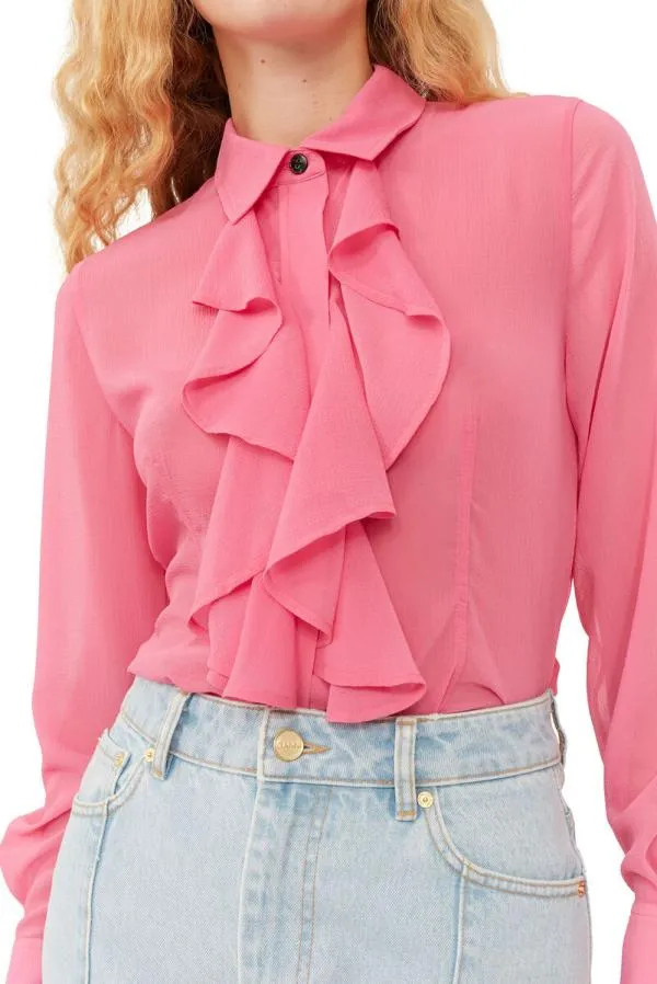Clothing GANNI Extended Sizes Pink Chiffon Ruffle Shirt Cone Flower Clothing GANNI Extended Sizes Pink Chiffon Ruffle Shirt Cone Flower