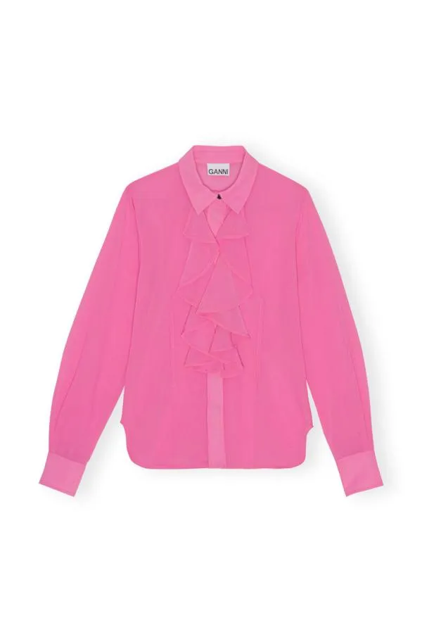 Clothing GANNI Extended Sizes Pink Chiffon Ruffle Shirt Cone Flower Clothing GANNI Extended Sizes Pink Chiffon Ruffle Shirt Cone Flower