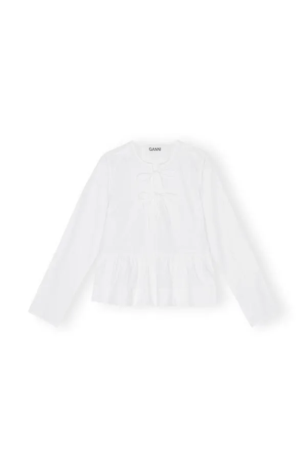 Clothing GANNI Extended Sizes White Cotton Poplin Tie String Peplum Blouse Bright White Clothing GANNI Extended Sizes White Cotton Poplin Tie String Peplum Blouse Bright White