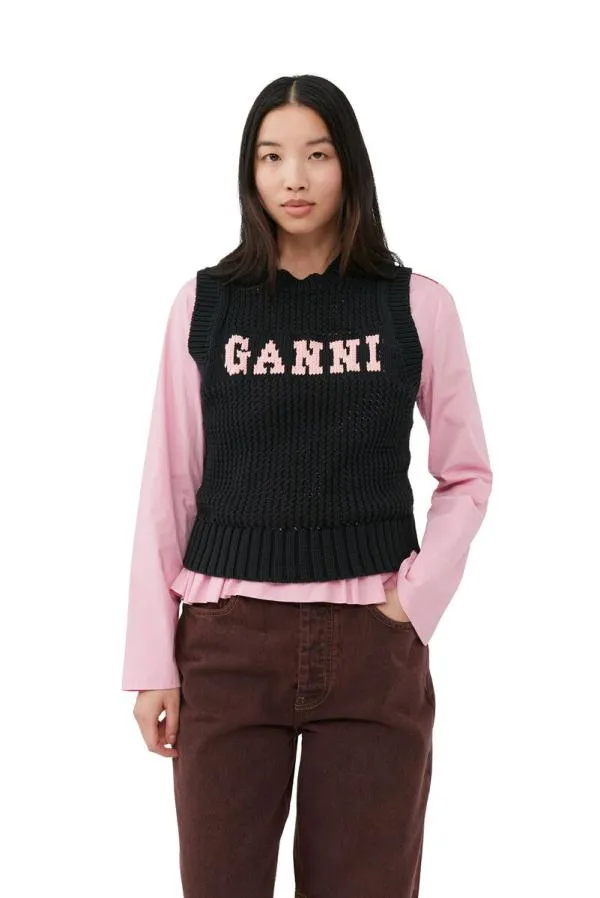 Clothing GANNI Knitwear Black Cotton Rope Vest Black Clothing GANNI Knitwear Black Cotton Rope Vest Black