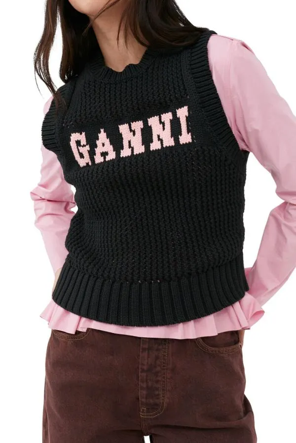 Clothing GANNI Knitwear Black Cotton Rope Vest Black Clothing GANNI Knitwear Black Cotton Rope Vest Black