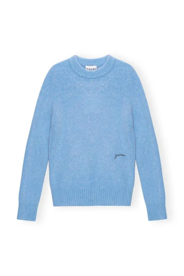 Clothing GANNI Knitwear Blue Brushed Alpaca ONeck Sweater Powder Blue Clothing GANNI Knitwear Blue Brushed Alpaca ONeck Sweater Powder Blue