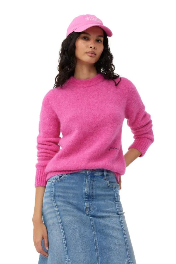 Clothing GANNI Knitwear Pink Brushed Alpaca ONeck Sweater Cone Flower