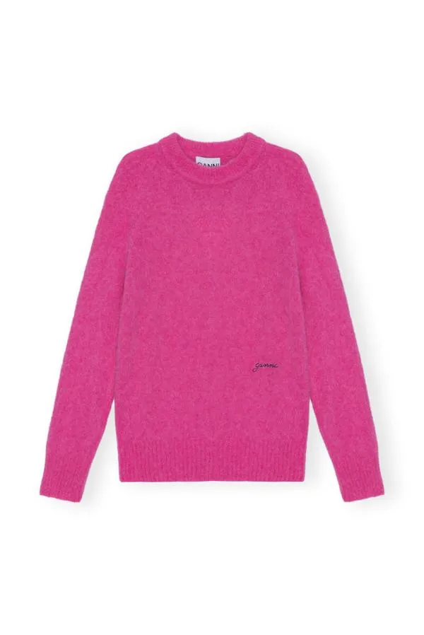 Clothing GANNI Knitwear Pink Brushed Alpaca ONeck Sweater Cone Flower Clothing GANNI Knitwear Pink Brushed Alpaca ONeck Sweater Cone Flower