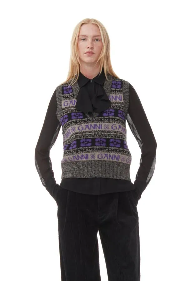 Clothing GANNI Knitwear Purple Logo Wool Knit Vest Timber Wolf
