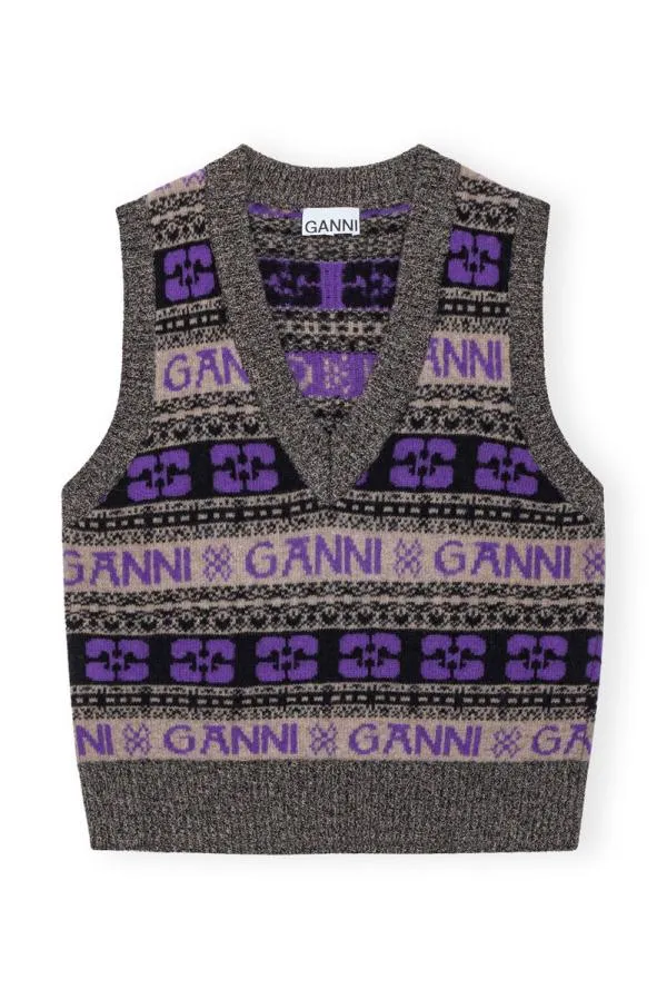 Clothing GANNI Knitwear Purple Logo Wool Knit Vest Timber Wolf Clothing GANNI Knitwear Purple Logo Wool Knit Vest Timber Wolf