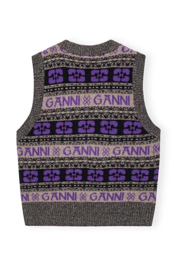 Clothing GANNI Knitwear Purple Logo Wool Knit Vest Timber Wolf Clothing GANNI Knitwear Purple Logo Wool Knit Vest Timber Wolf