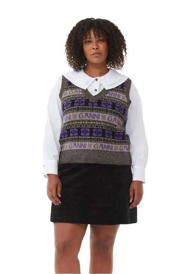 Clothing GANNI Knitwear Purple Logo Wool Knit Vest Timber Wolf Clothing GANNI Knitwear Purple Logo Wool Knit Vest Timber Wolf