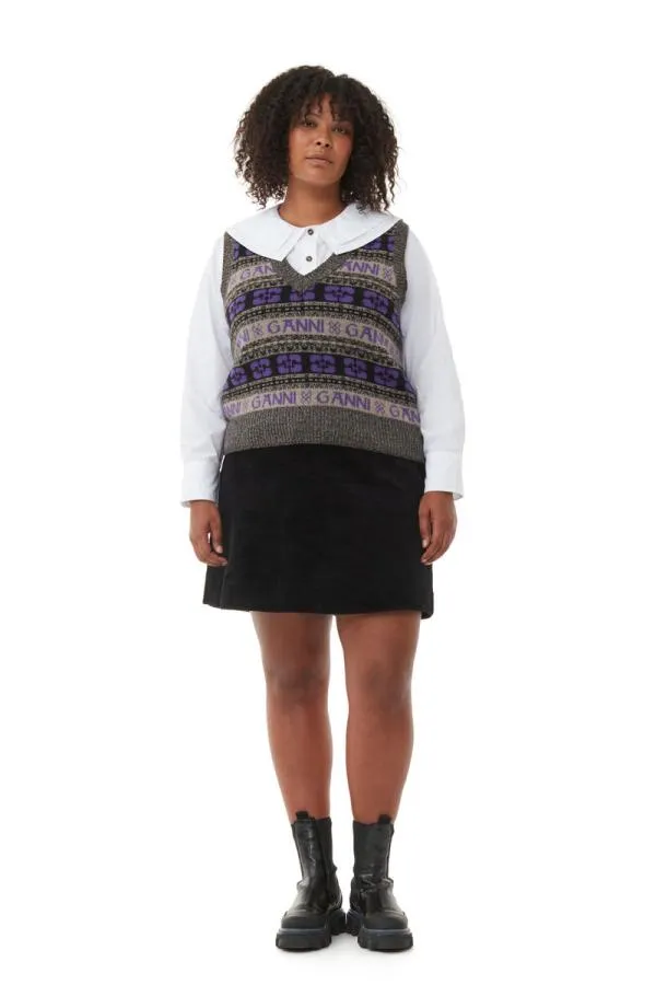 Clothing GANNI Knitwear Purple Logo Wool Knit Vest Timber Wolf Clothing GANNI Knitwear Purple Logo Wool Knit Vest Timber Wolf