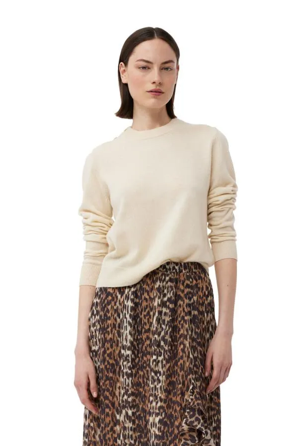 Clothing GANNI Knitwear White Cashmere Mix ONeck Pullover Alabaster Gleam