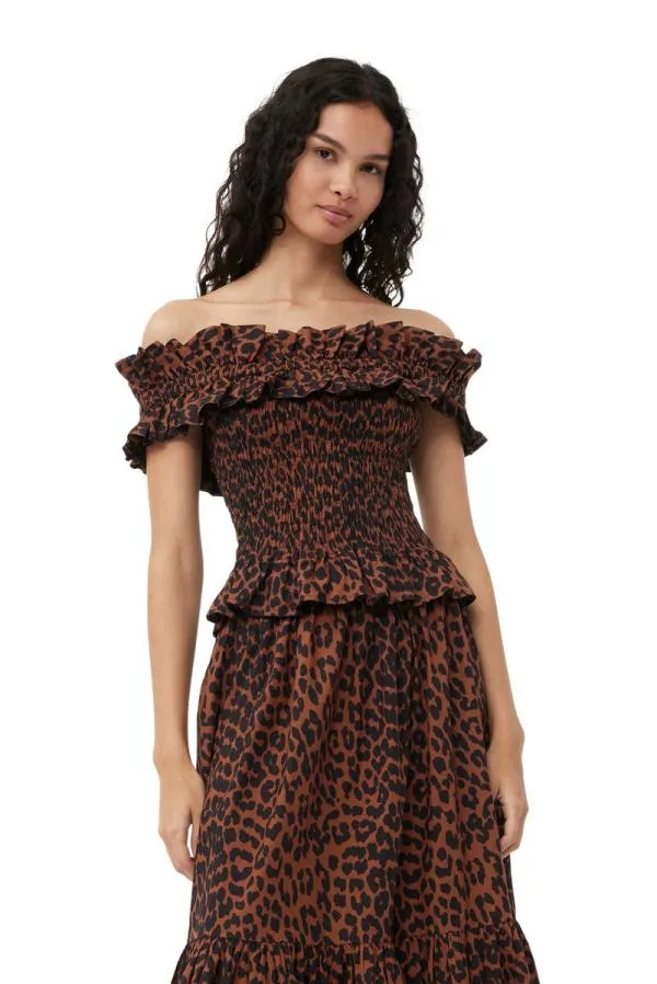 Clothing GANNI Leopard Print EXCLUSIVE Printed Cotton Offshoulder Smock Top Toffee Clothing GANNI Leopard Print EXCLUSIVE Printed Cotton Offshoulder Smock Top Toffee