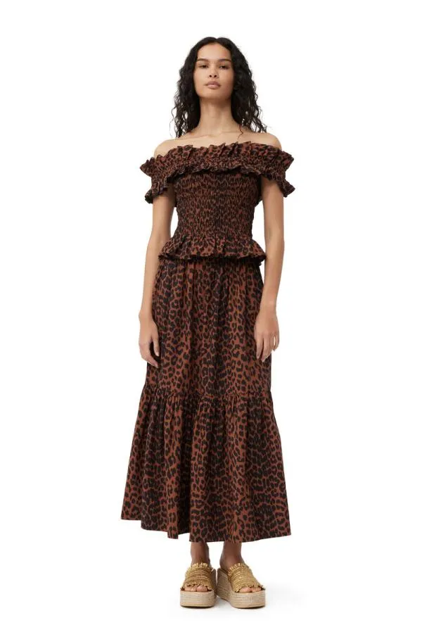 Clothing GANNI Leopard Print EXCLUSIVE Printed Cotton Offshoulder Smock Top Toffee