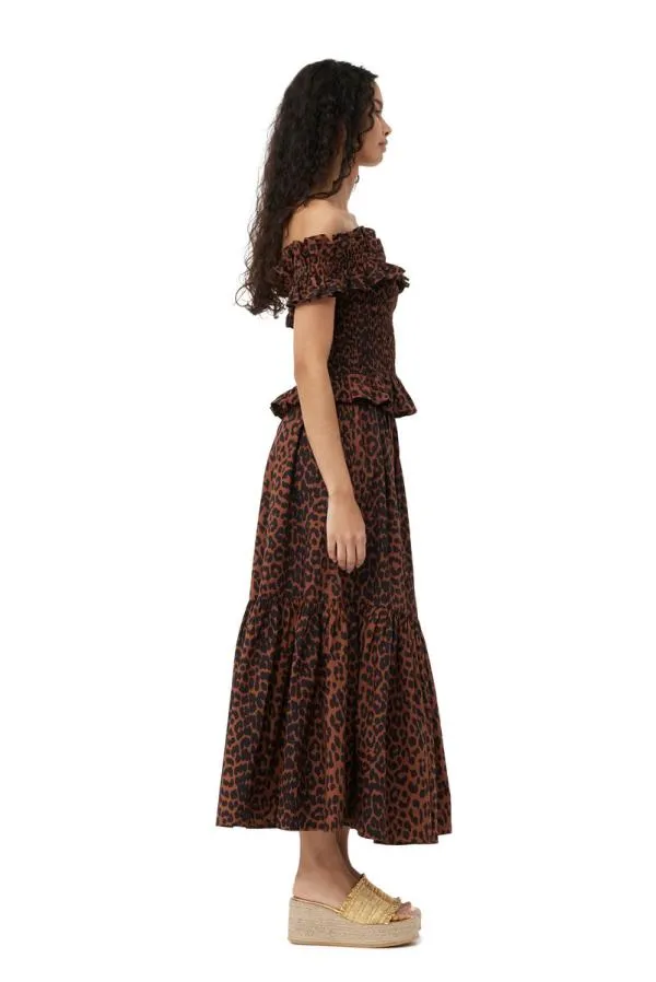 Clothing GANNI Leopard Print EXCLUSIVE Printed Cotton Offshoulder Smock Top Toffee