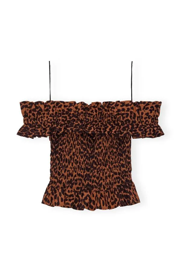 Clothing GANNI Leopard Print EXCLUSIVE Printed Cotton Offshoulder Smock Top Toffee