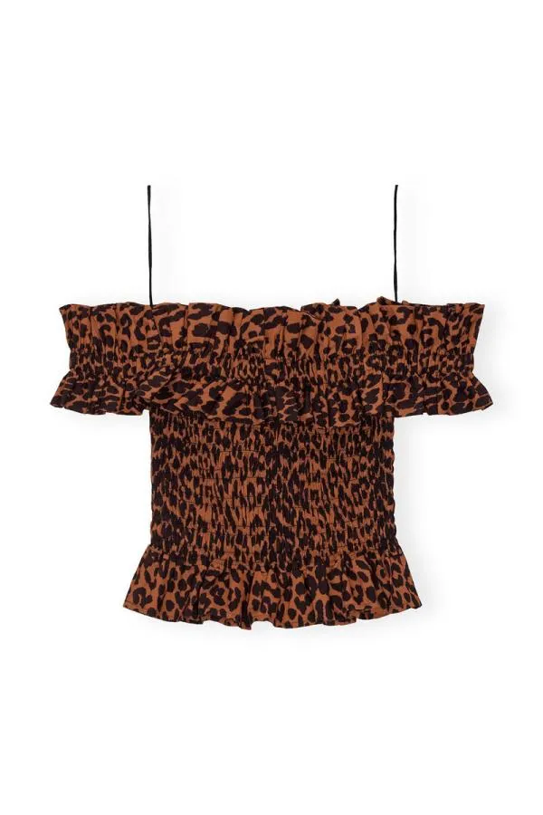 Clothing GANNI Leopard Print EXCLUSIVE Printed Cotton Offshoulder Smock Top Toffee