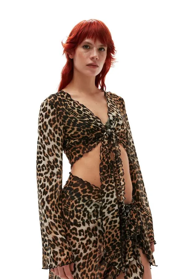 Clothing GANNI Leopard Print Mesh Cover Up Wrap Blouse Leopard