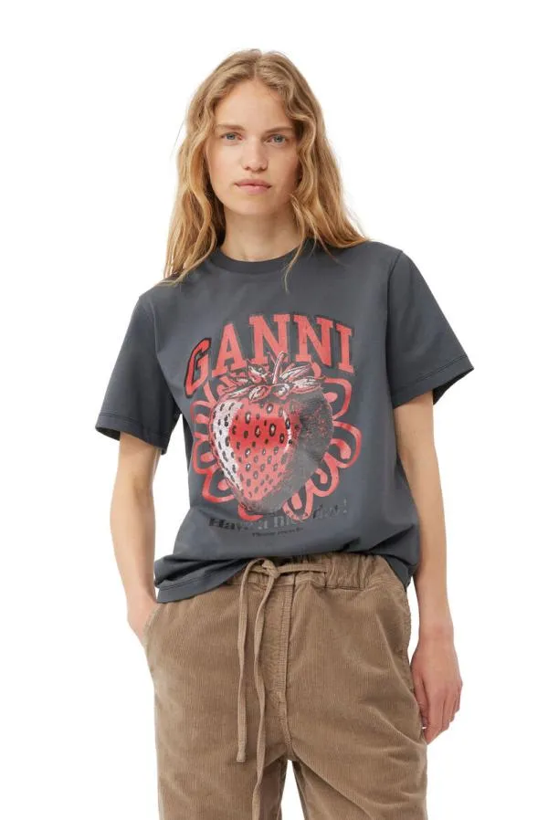 Clothing GANNI TShirts Grey Relaxed Strawberry Tshirt Volcanic Ash