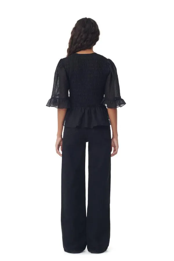 Clothing GANNI Tops Black Crinkled Georgette Smock Blouse Black Clothing GANNI Tops Black Crinkled Georgette Smock Blouse Black