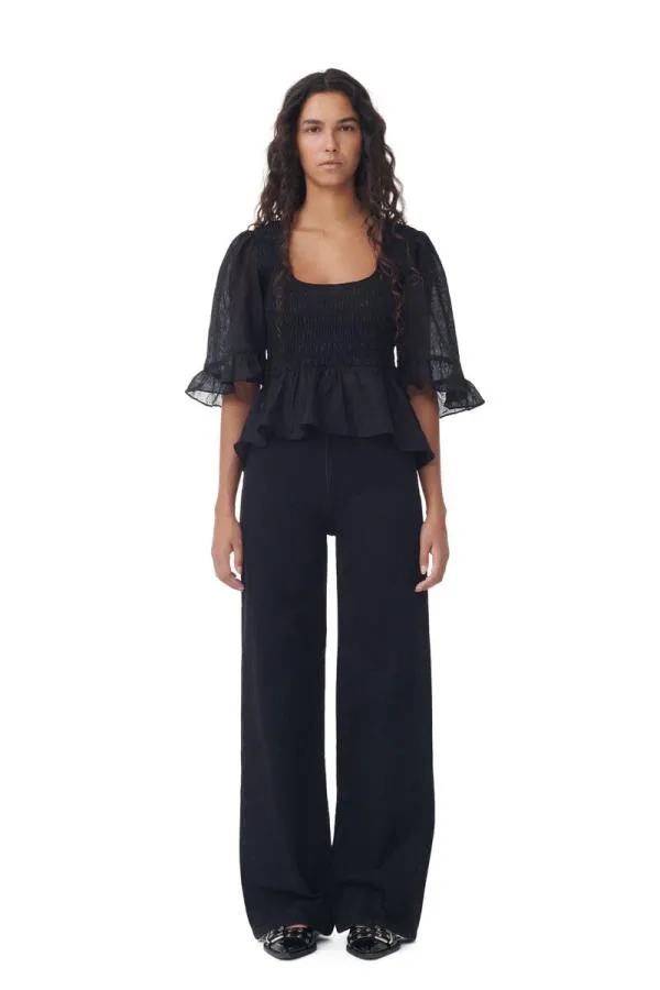 Clothing GANNI Tops Black Crinkled Georgette Smock Blouse Black Clothing GANNI Tops Black Crinkled Georgette Smock Blouse Black