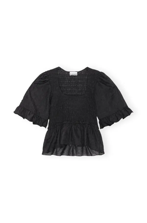 Clothing GANNI Tops Black Crinkled Georgette Smock Blouse Black Clothing GANNI Tops Black Crinkled Georgette Smock Blouse Black