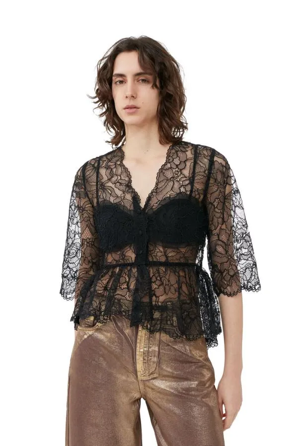 Clothing GANNI Tops Black Light Lace Vneck Blouse Black