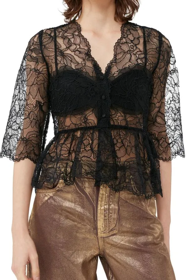 Clothing GANNI Tops Black Light Lace Vneck Blouse Black Clothing GANNI Tops Black Light Lace Vneck Blouse Black