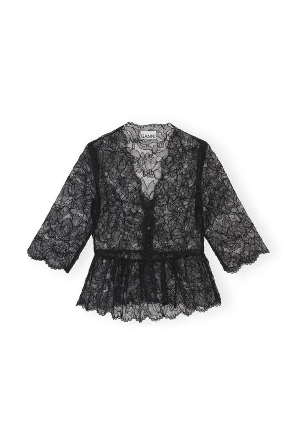Clothing GANNI Tops Black Light Lace Vneck Blouse Black Clothing GANNI Tops Black Light Lace Vneck Blouse Black