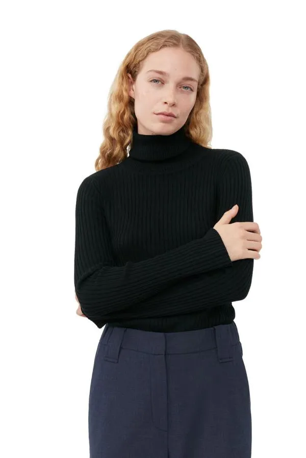 Clothing GANNI Tops Black Merino Rib Open Back High Neck Black