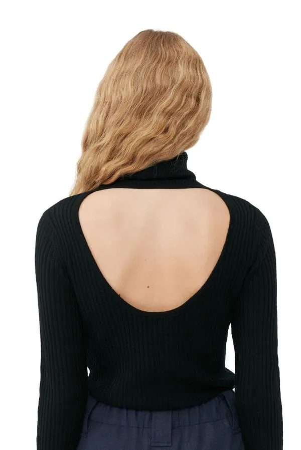 Clothing GANNI Tops Black Merino Rib Open Back High Neck Black Clothing GANNI Tops Black Merino Rib Open Back High Neck Black