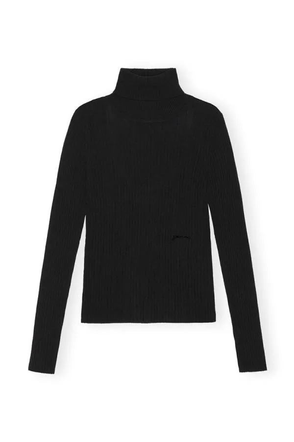 Clothing GANNI Tops Black Merino Rib Open Back High Neck Black Clothing GANNI Tops Black Merino Rib Open Back High Neck Black