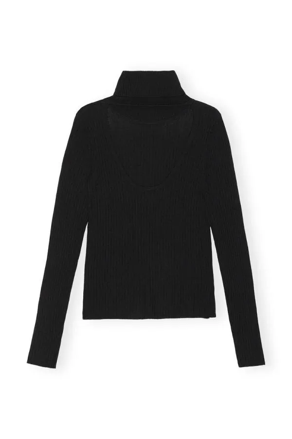 Clothing GANNI Tops Black Merino Rib Open Back High Neck Black Clothing GANNI Tops Black Merino Rib Open Back High Neck Black