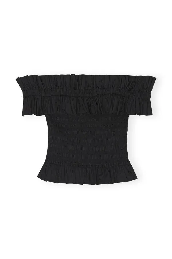 Clothing GANNI Tops Cotton Poplin Offshoulder Smock Top Black Clothing GANNI Tops Cotton Poplin Offshoulder Smock Top Black