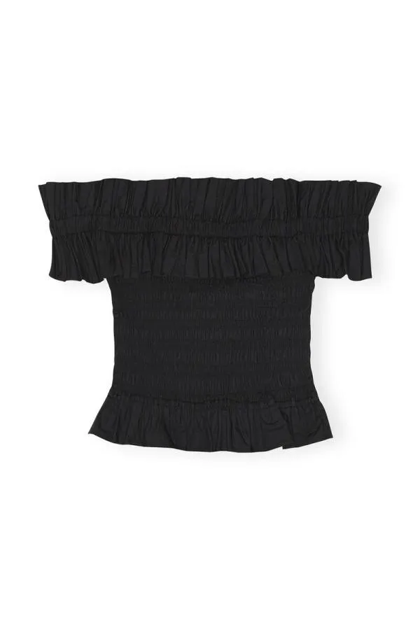 Clothing GANNI Tops Cotton Poplin Offshoulder Smock Top Black Clothing GANNI Tops Cotton Poplin Offshoulder Smock Top Black