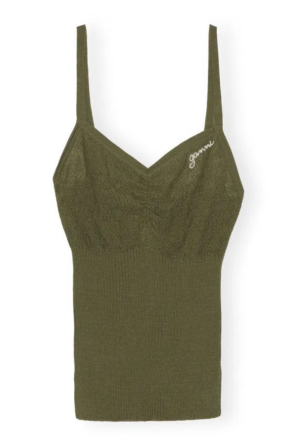 Clothing GANNI Tops Merino Lace Strap Top Dusty Olive