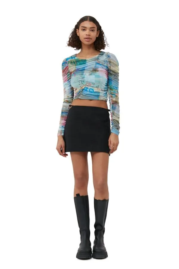 Clothing GANNI Tops Printed Mesh Ruched Blouse Wild Orchid